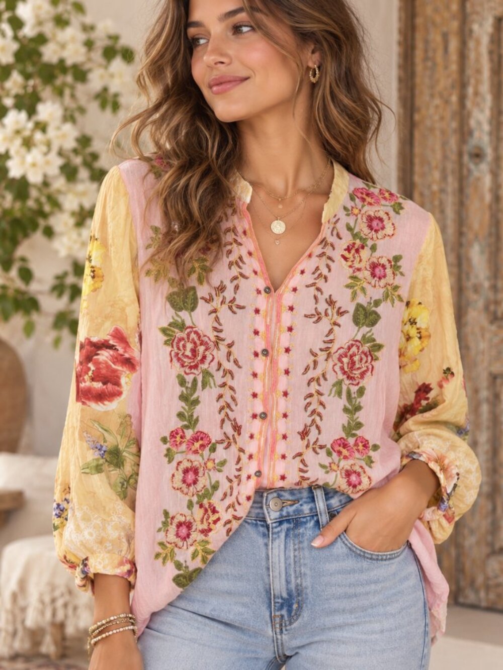 All About Her Pink Floral Embroidered Mixed Print Tunic Blouse S Boho